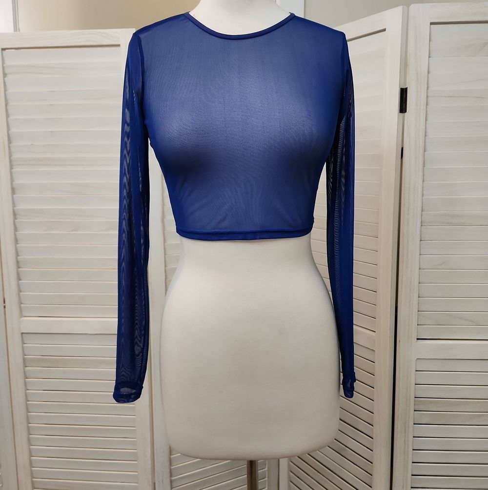 Avidlove Sheer Long-Sleeve Crop Top in Royal Blue Size M